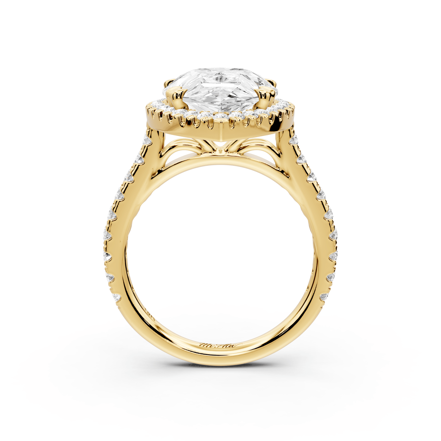 Marcella - 5ct 14k yellow gold pear halo double talon prong cathedral pavé engagament ring - Mr. Alex Jewelry