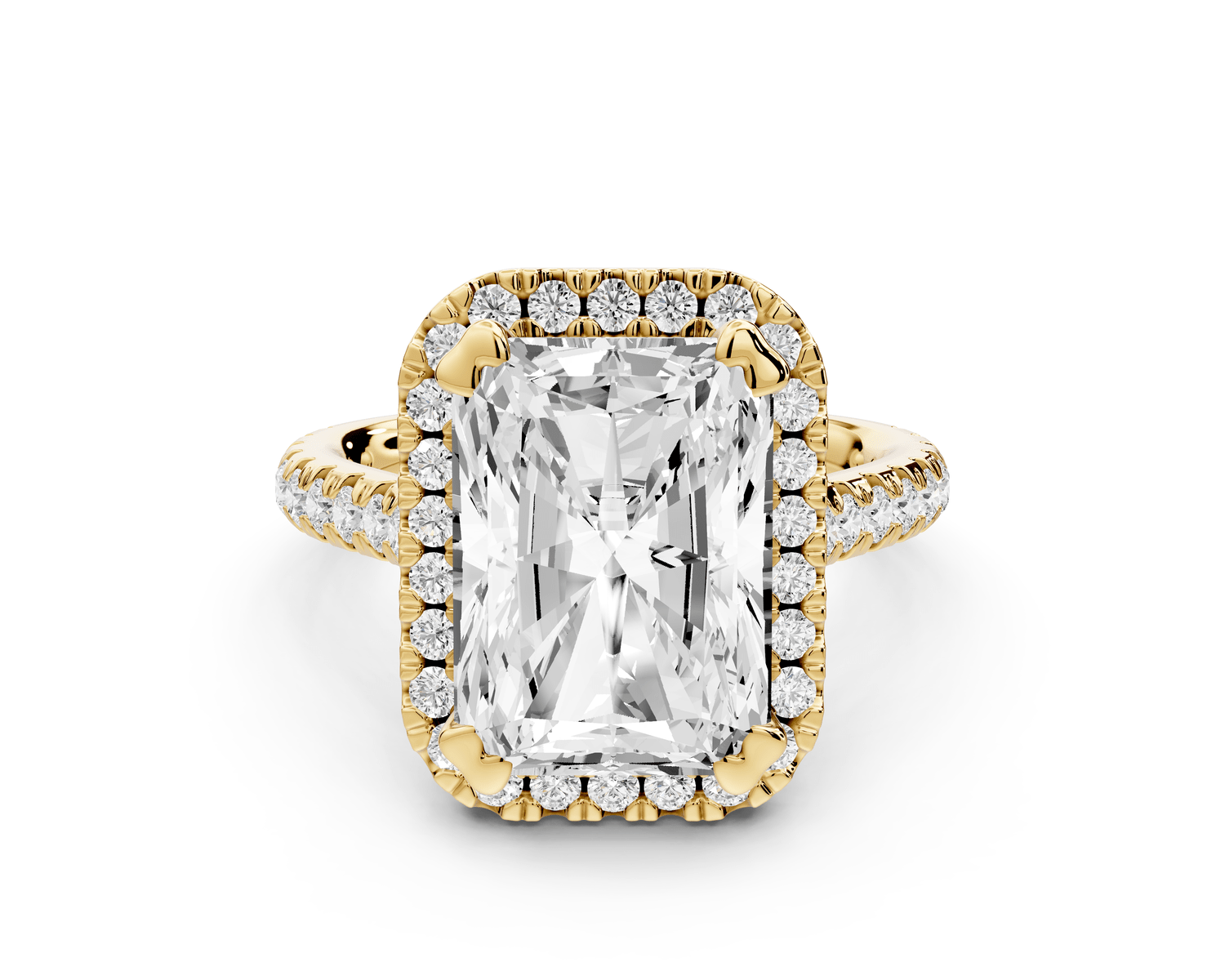 Marcella - 5ct 14k yellow gold radiant halo double talon prong cathedral pavé engagement ring - Mr. Alex Jewelry