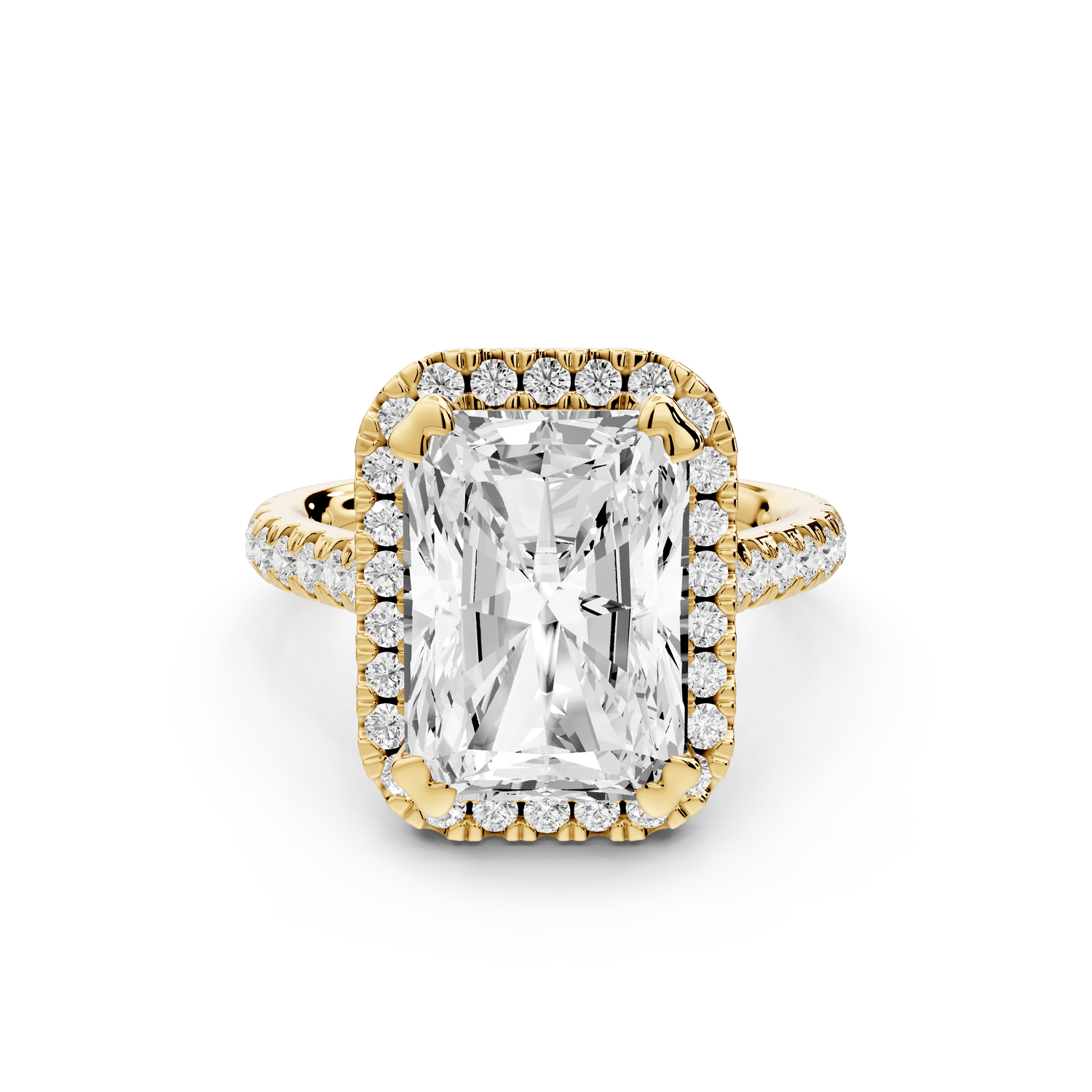 Marcella - 5ct 14k yellow gold radiant halo double talon prong cathedral pavé engagement ring - Mr. Alex Jewelry