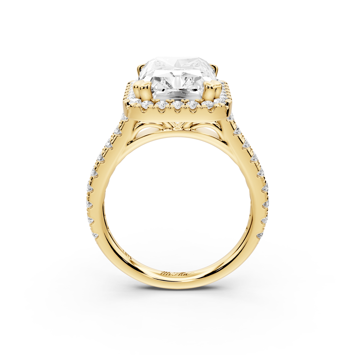 Marcella - 5ct 14k yellow gold radiant halo double talon prong cathedral pavé engagement ring - Mr. Alex Jewelry