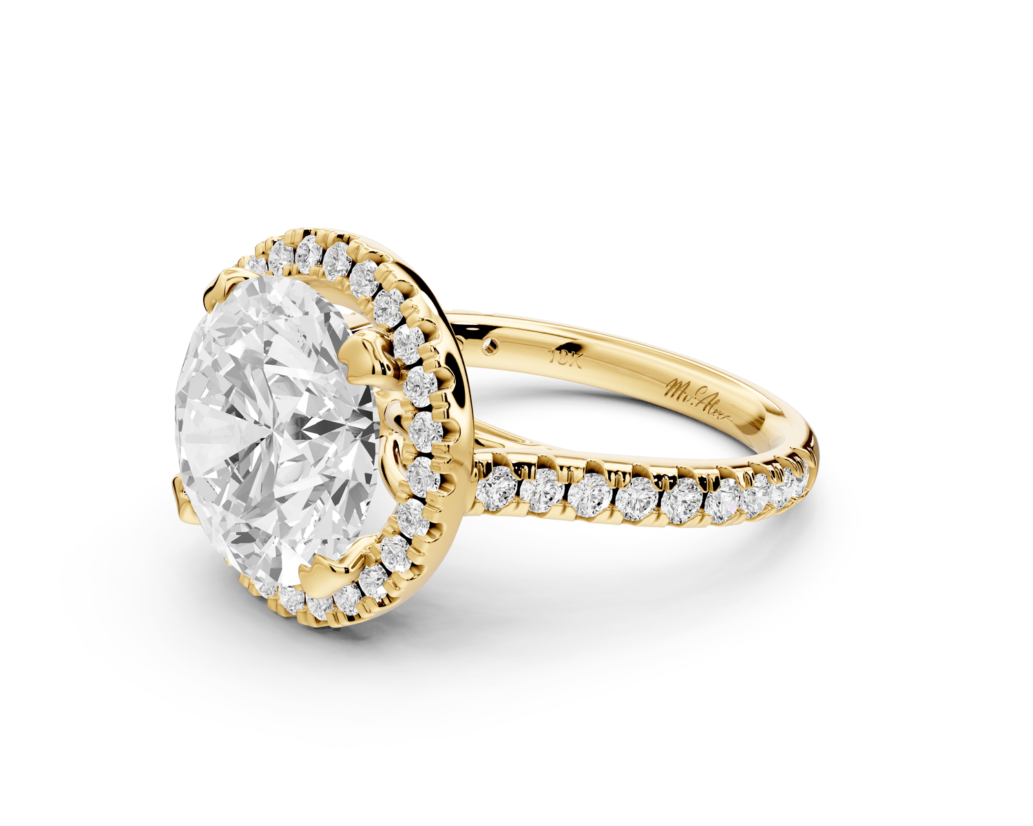 Marcella - 5ct 14k yellow gold round halo double talon prong cathedral pavé engagement ring - Mr. Alex Jewelry