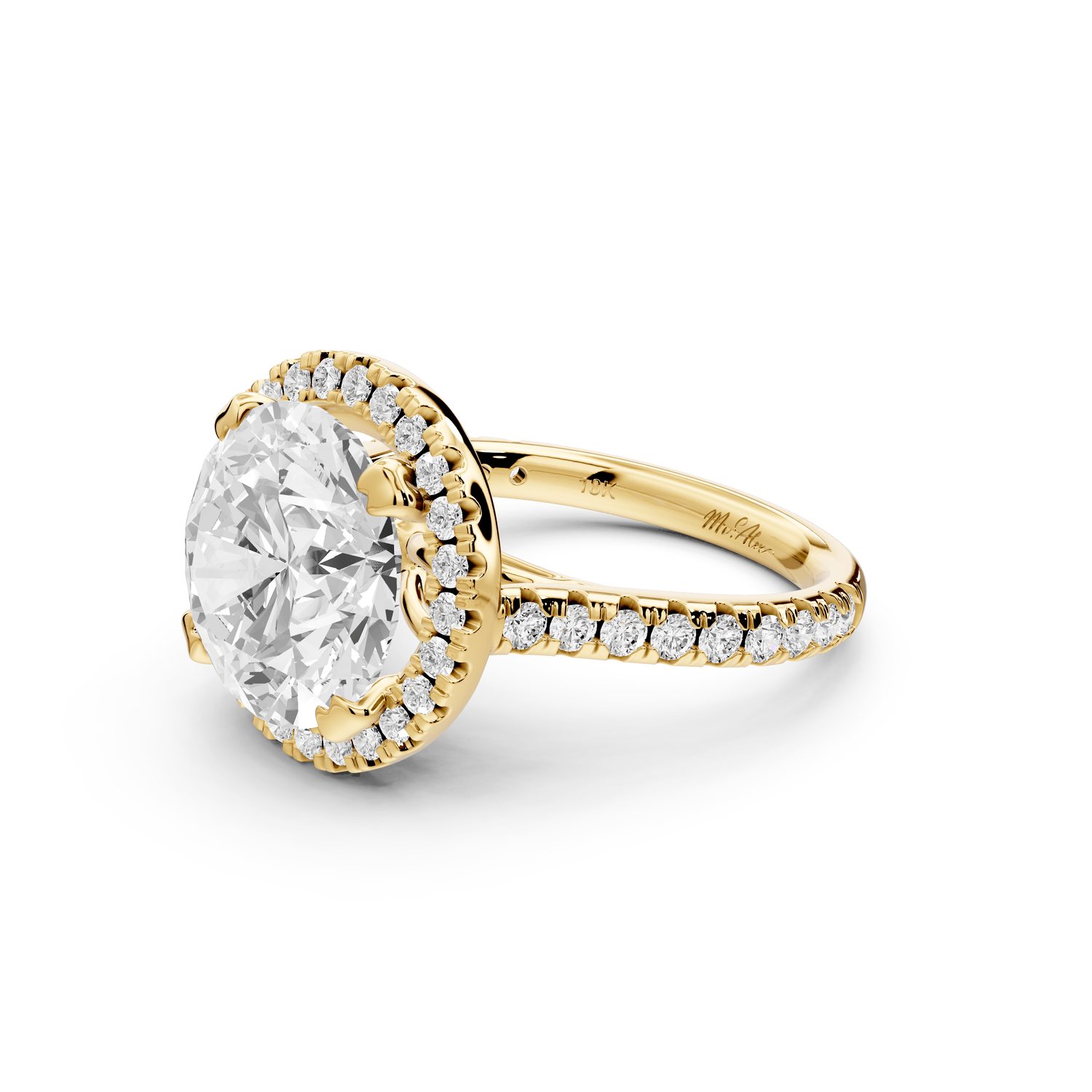 Marcella - 5ct 14k yellow gold round halo double talon prong cathedral pavé engagement ring - Mr. Alex Jewelry