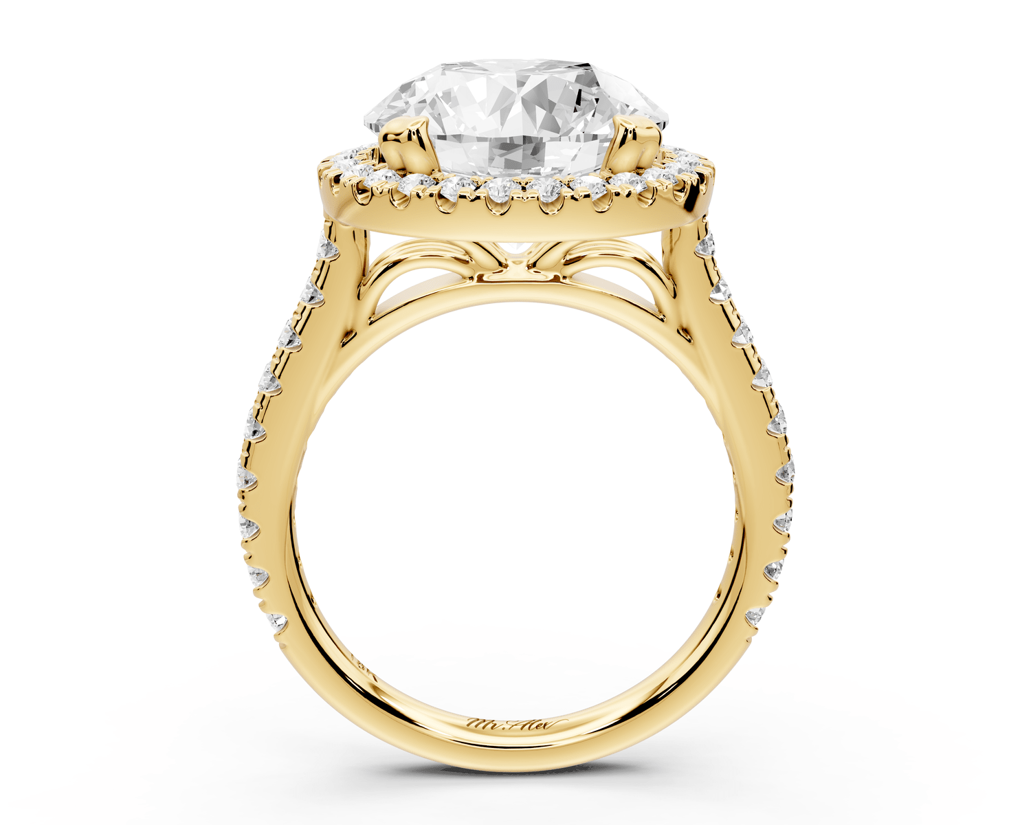 Marcella - 5ct 14k yellow gold round halo double talon prong cathedral pavé engagement ring - Mr. Alex Jewelry