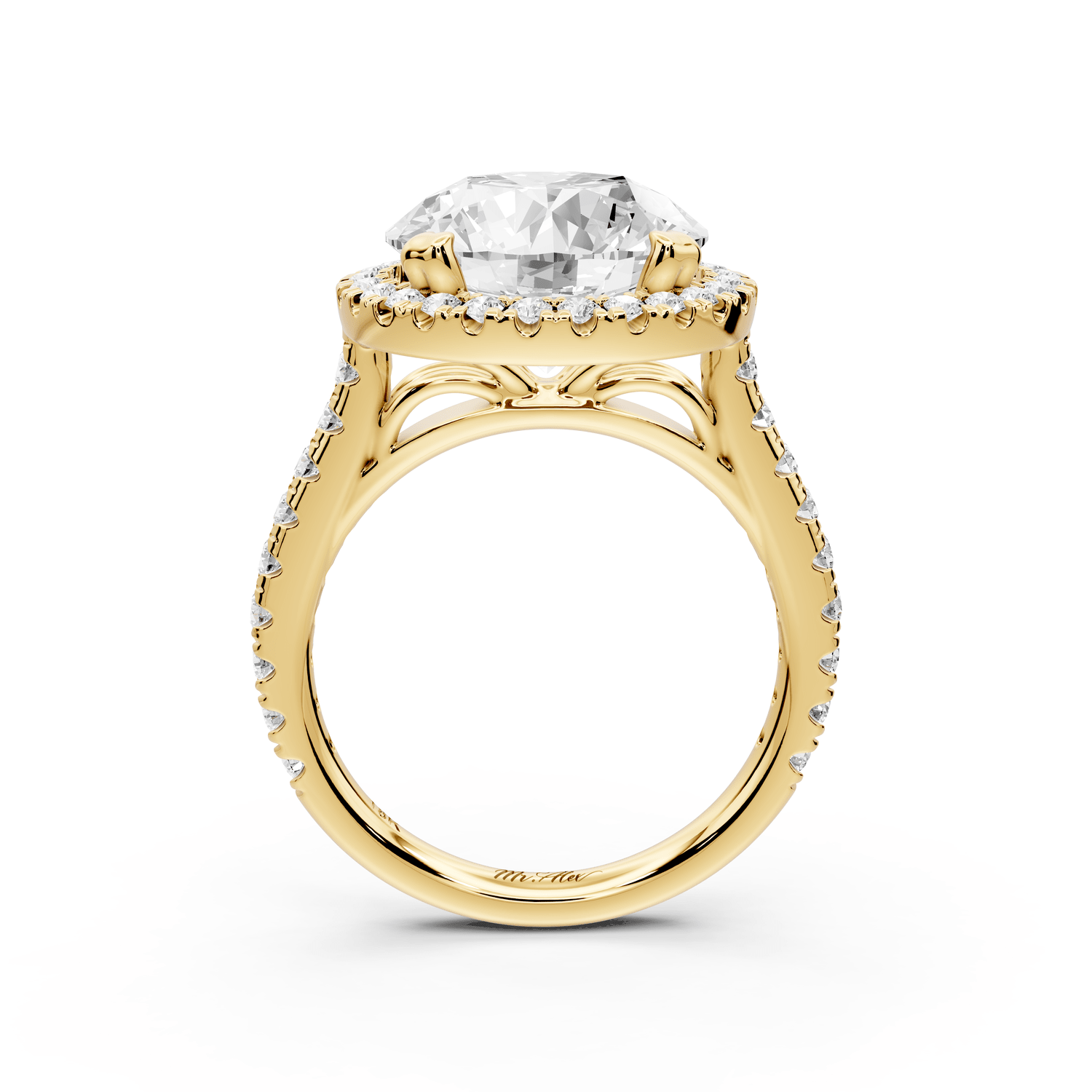 Marcella - 5ct 14k yellow gold round halo double talon prong cathedral pavé engagement ring - Mr. Alex Jewelry