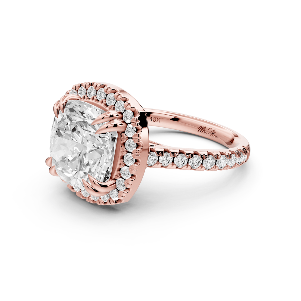 Marcella - 5ct 18k rose gold cushion halo double talon prong cathedral pavé engagement ring - Mr. Alex Jewelry
