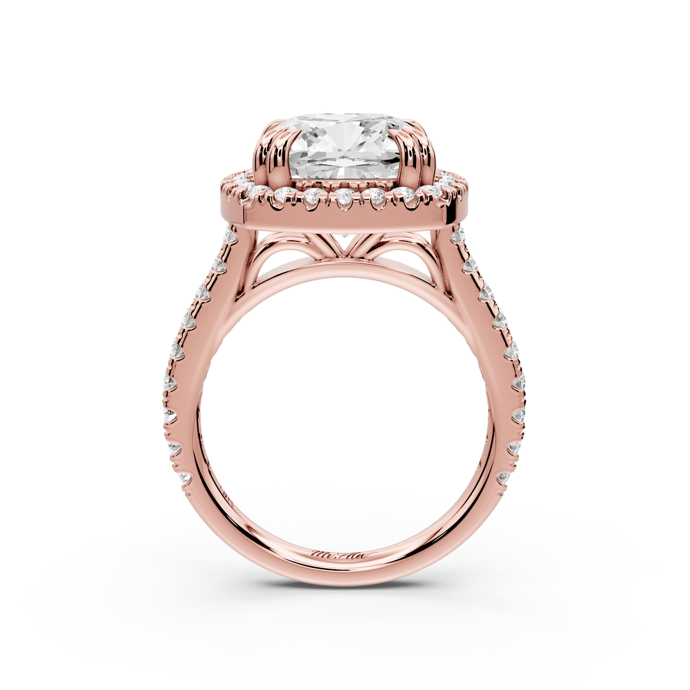 Marcella - 5ct 18k rose gold cushion halo double talon prong cathedral pavé engagement ring - Mr. Alex Jewelry