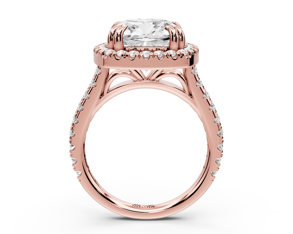 Marcella - 5ct 18k rose gold cushion halo double talon prong cathedral pavé engagement ring - Mr. Alex Jewelry