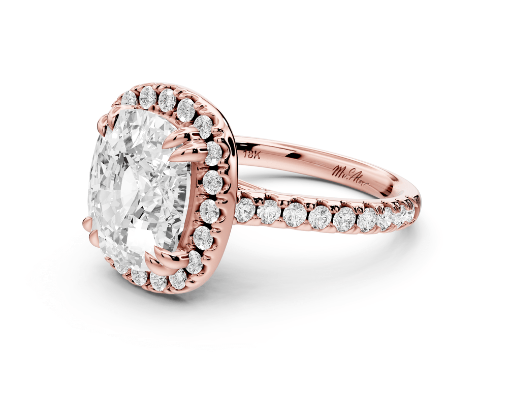 Marcella - 5ct 18k rose gold ecushion halo double talon prong cathedral pavé engagement ring - Mr. Alex Jewelry