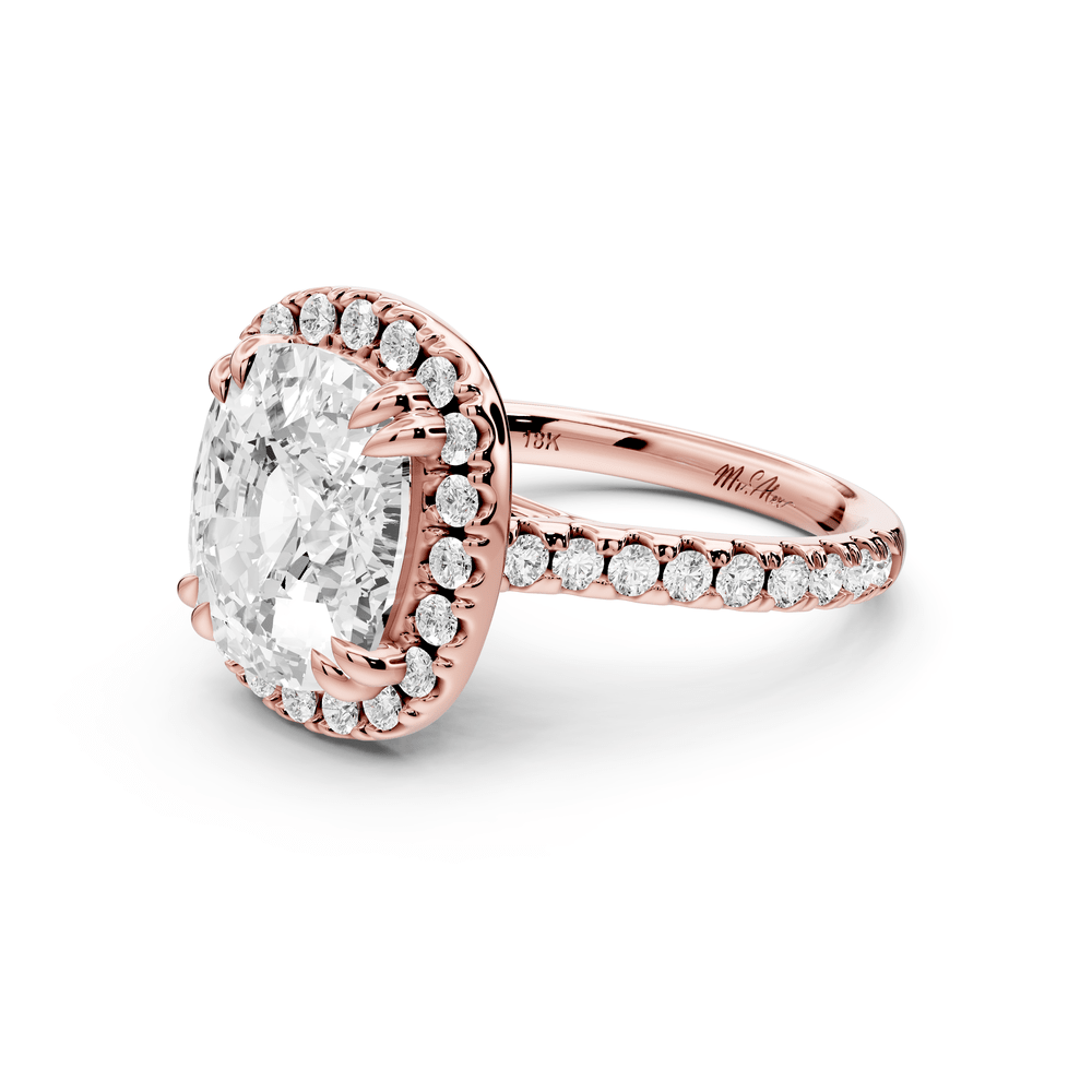 Marcella - 5ct 18k rose gold ecushion halo double talon prong cathedral pavé engagement ring - Mr. Alex Jewelry