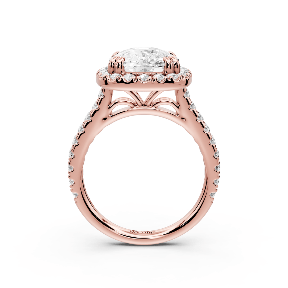 Marcella - 5ct 18k rose gold ecushion halo double talon prong cathedral pavé engagement ring - Mr. Alex Jewelry