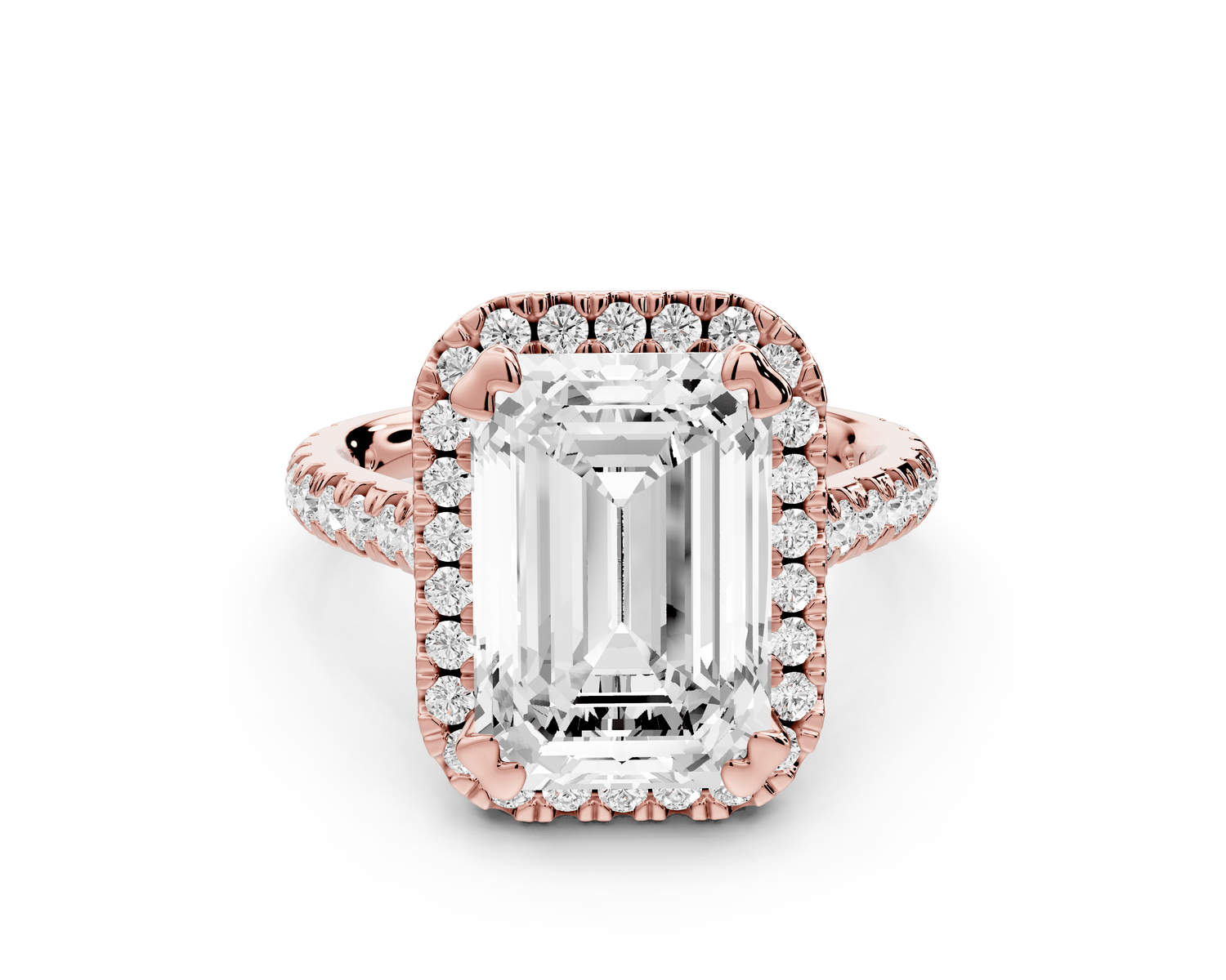 Marcella - 5ct 18k rose gold emerald halo double talon prong cathedral pavé engagament ring - Mr. Alex Jewelry