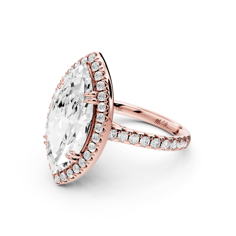 Marcella - 5ct 18k rose gold marquise halo double talon prong cathedral pavé engagement ring - Mr. Alex Jewelry