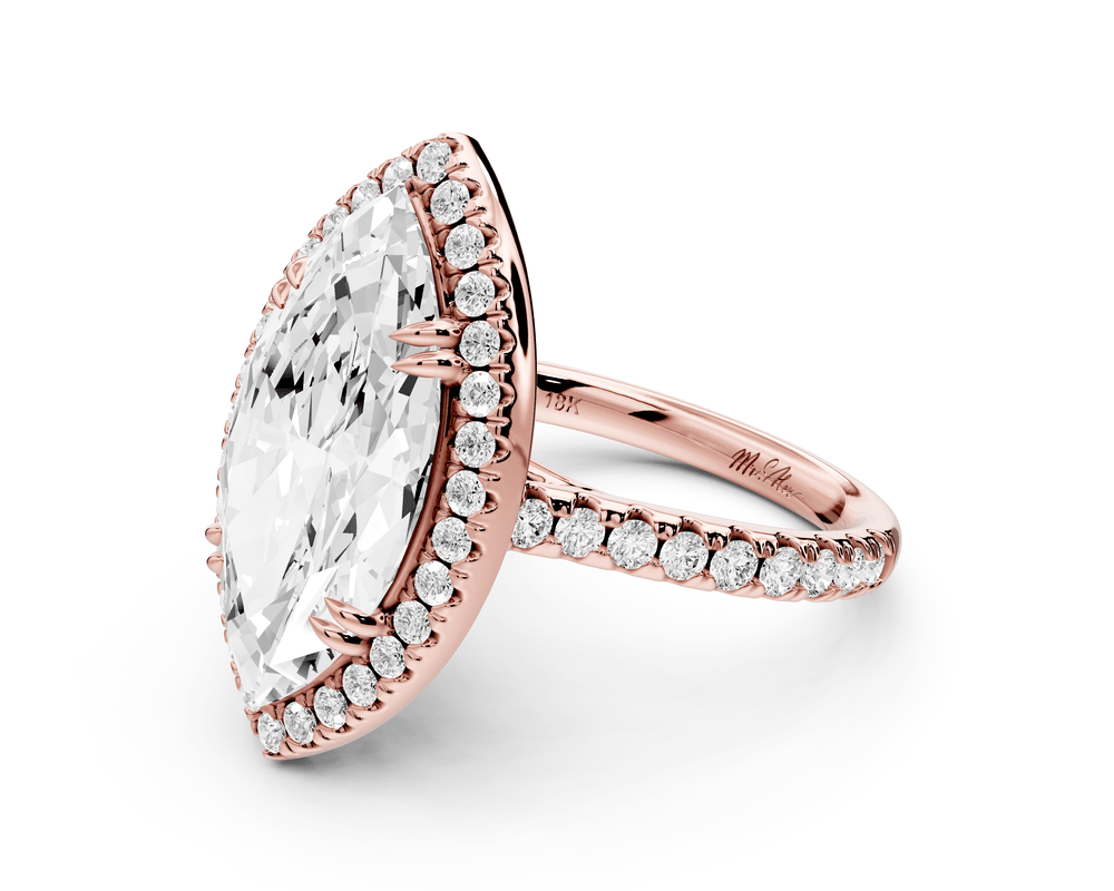 Marcella - 5ct 18k rose gold marquise halo double talon prong cathedral pavé engagement ring - Mr. Alex Jewelry