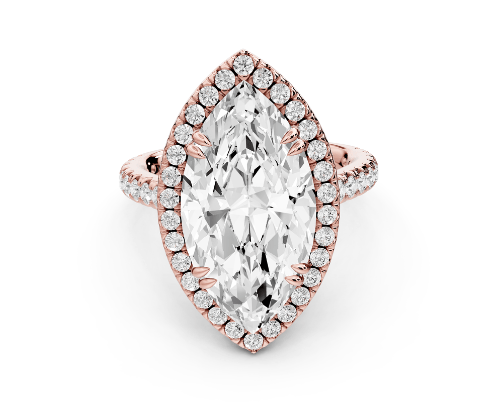 Marcella - 5ct 18k rose gold marquise halo double talon prong cathedral pavé engagement ring - Mr. Alex Jewelry