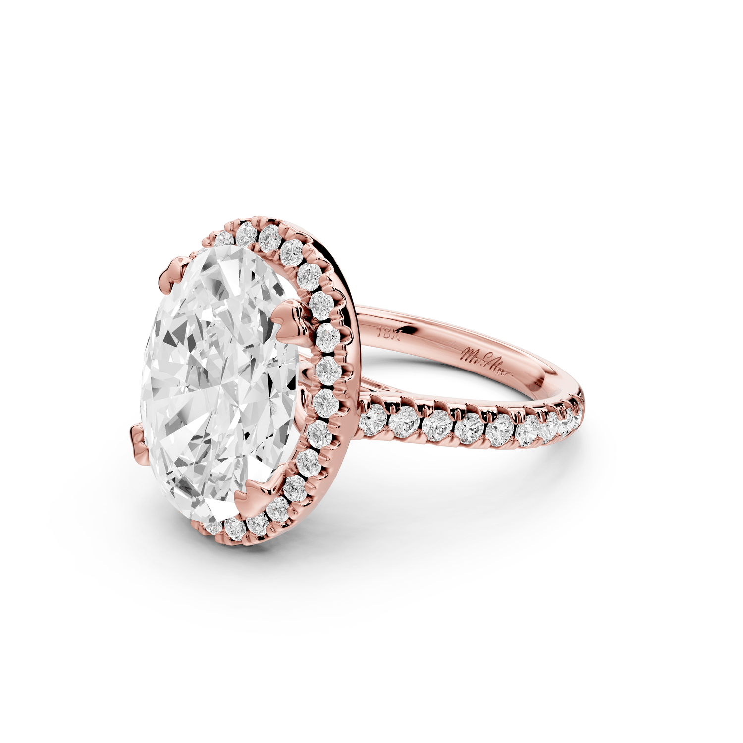Marcella - 5ct 18k rose gold oval halo double talon prong cathedral pavé engagament ring - Mr. Alex Jewelry