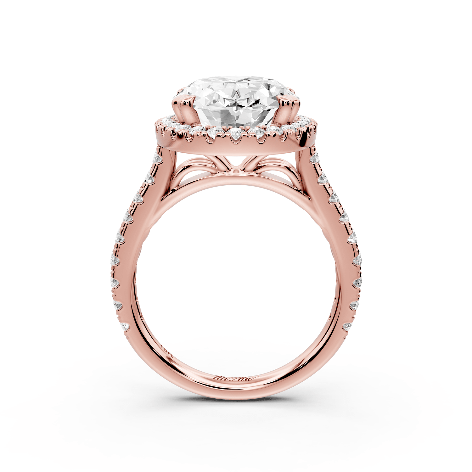 Marcella - 5ct 18k rose gold oval halo double talon prong cathedral pavé engagament ring - Mr. Alex Jewelry