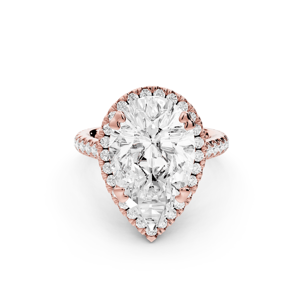 Marcella - 5ct 18k rose gold pear halo double talon prong cathedral pavé engagament ring - Mr. Alex Jewelry