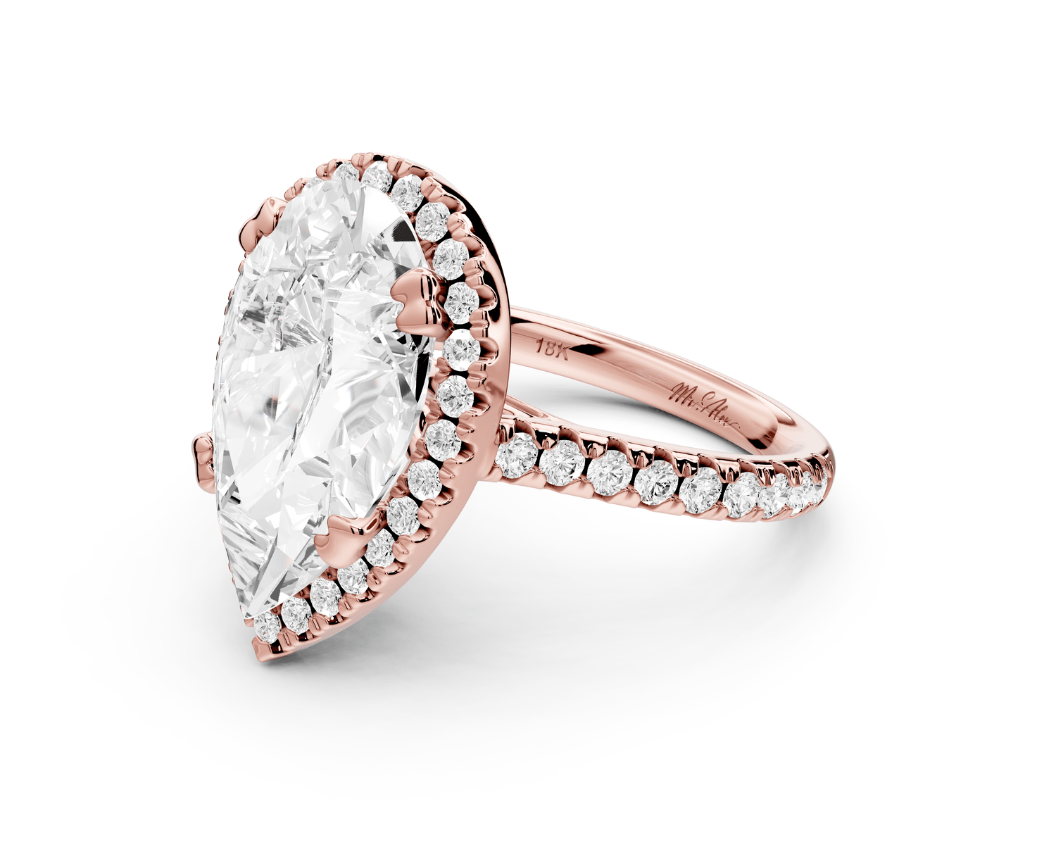 Marcella - 5ct 18k rose gold pear halo double talon prong cathedral pavé engagament ring - Mr. Alex Jewelry