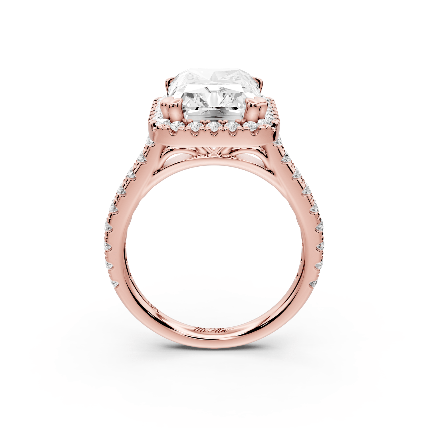 Marcella - 5ct 18k rose gold radiant halo double talon prong cathedral pavé engagement ring - Mr. Alex Jewelry