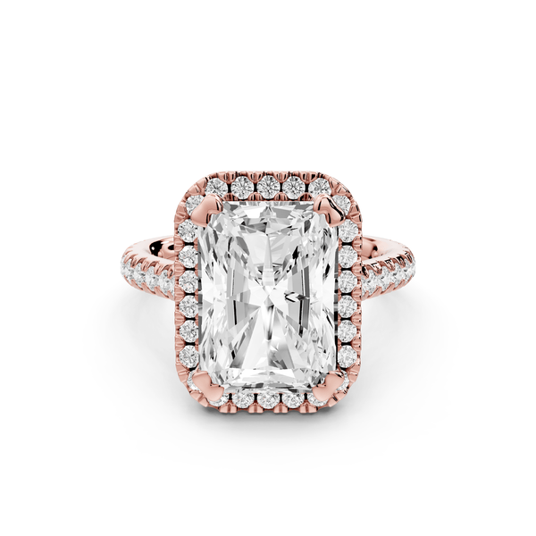 Marcella - 5ct 18k rose gold radiant halo double talon prong cathedral pavé engagement ring - Mr. Alex Jewelry