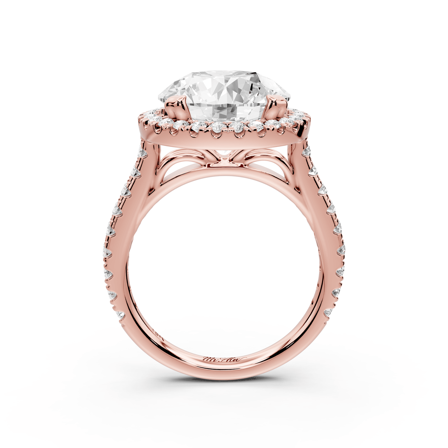 Marcella - 5ct 18k rose gold round halo double talon prong cathedral pavé engagement ring - Mr. Alex Jewelry