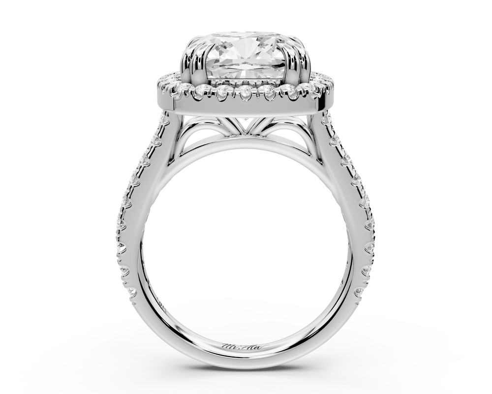 Marcella - 5ct 18k white gold cushion halo double talon prong cathedral pavé engagement ring - Mr. Alex Jewelry