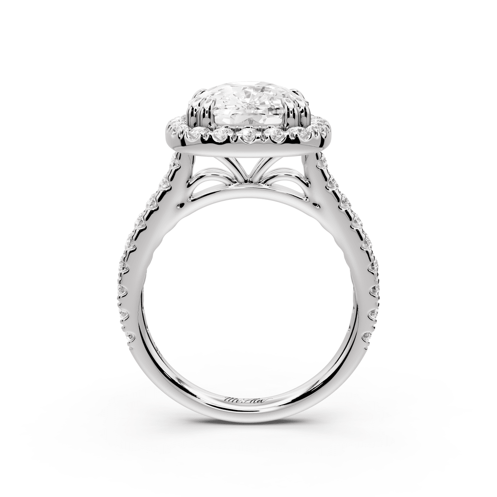 Marcella - 5ct 18k white gold ecushion halo double talon prong cathedral pavé engagement ring - Mr. Alex Jewelry