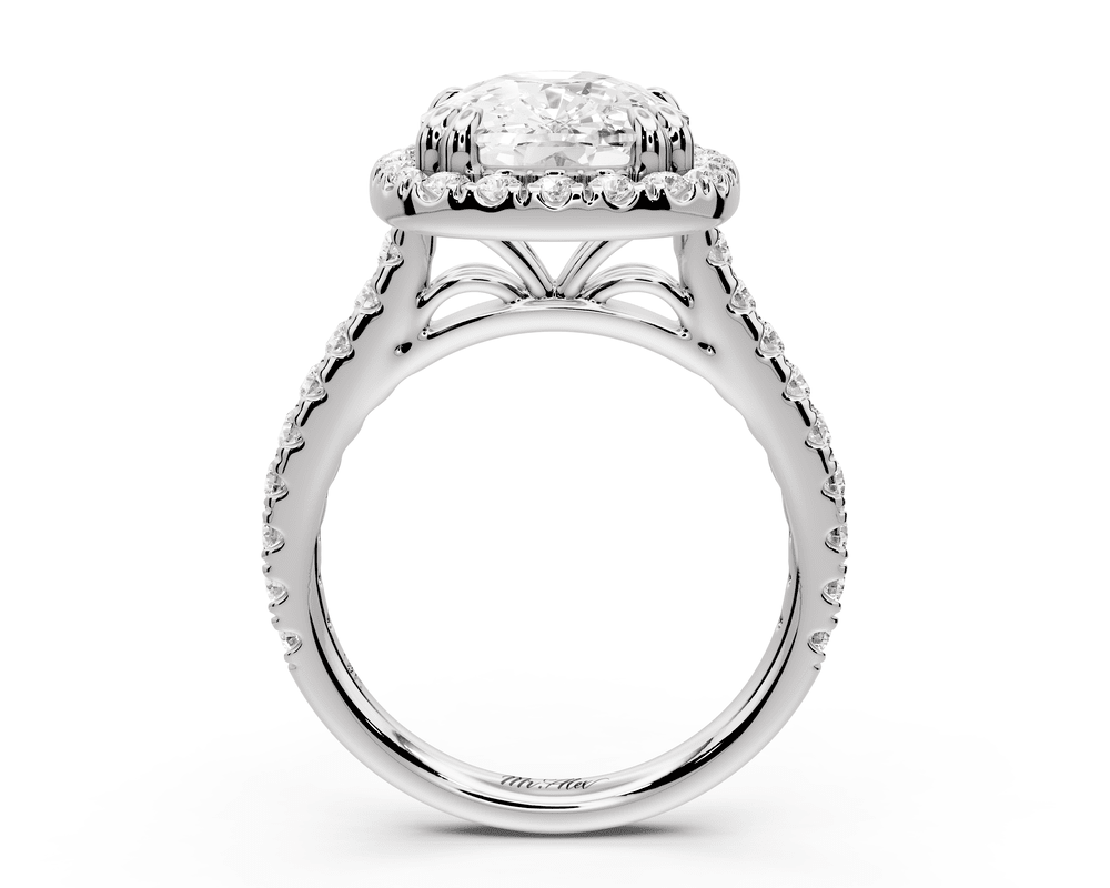 Marcella - 5ct 18k white gold ecushion halo double talon prong cathedral pavé engagement ring - Mr. Alex Jewelry