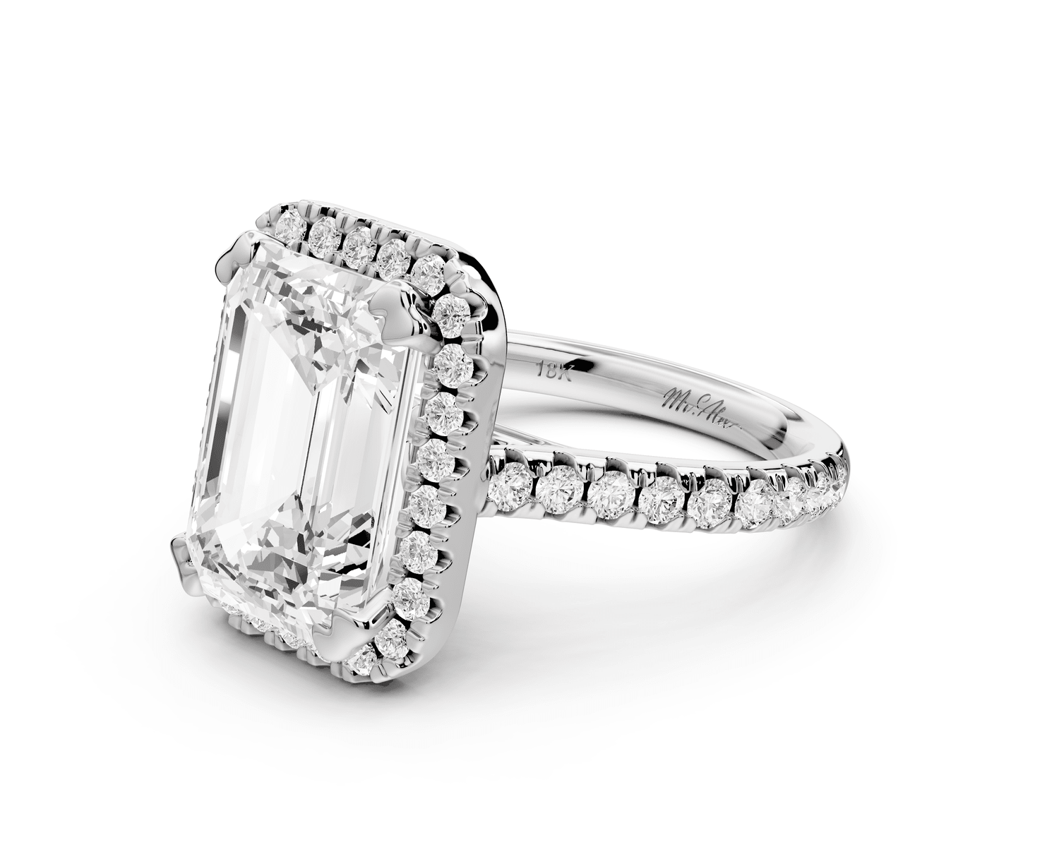 Marcella - 5ct 18k white gold emerald halo double talon prong cathedral pavé engagament ring - Mr. Alex Jewelry