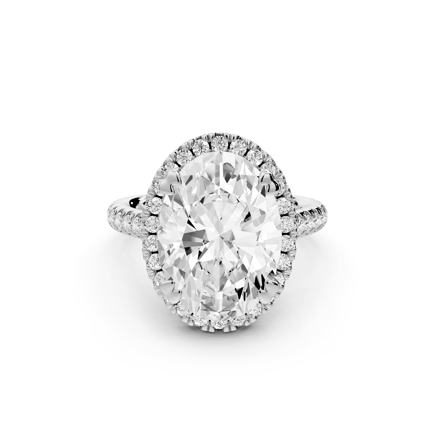 Marcella - 5ct 18k white gold oval halo double talon prong cathedral pavé engagament ring - Mr. Alex Jewelry
