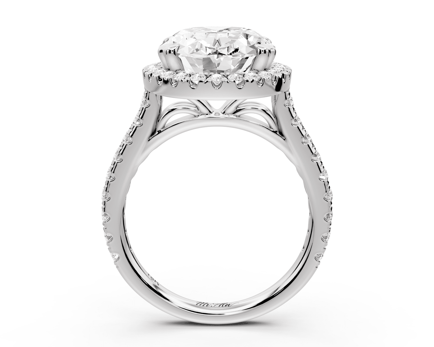 Marcella - 5ct 18k white gold oval halo double talon prong cathedral pavé engagament ring - Mr. Alex Jewelry