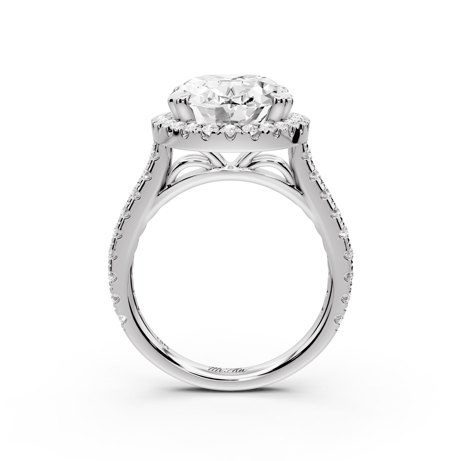 Marcella - 5ct 18k white gold oval halo double talon prong cathedral pavé engagament ring - Mr. Alex Jewelry