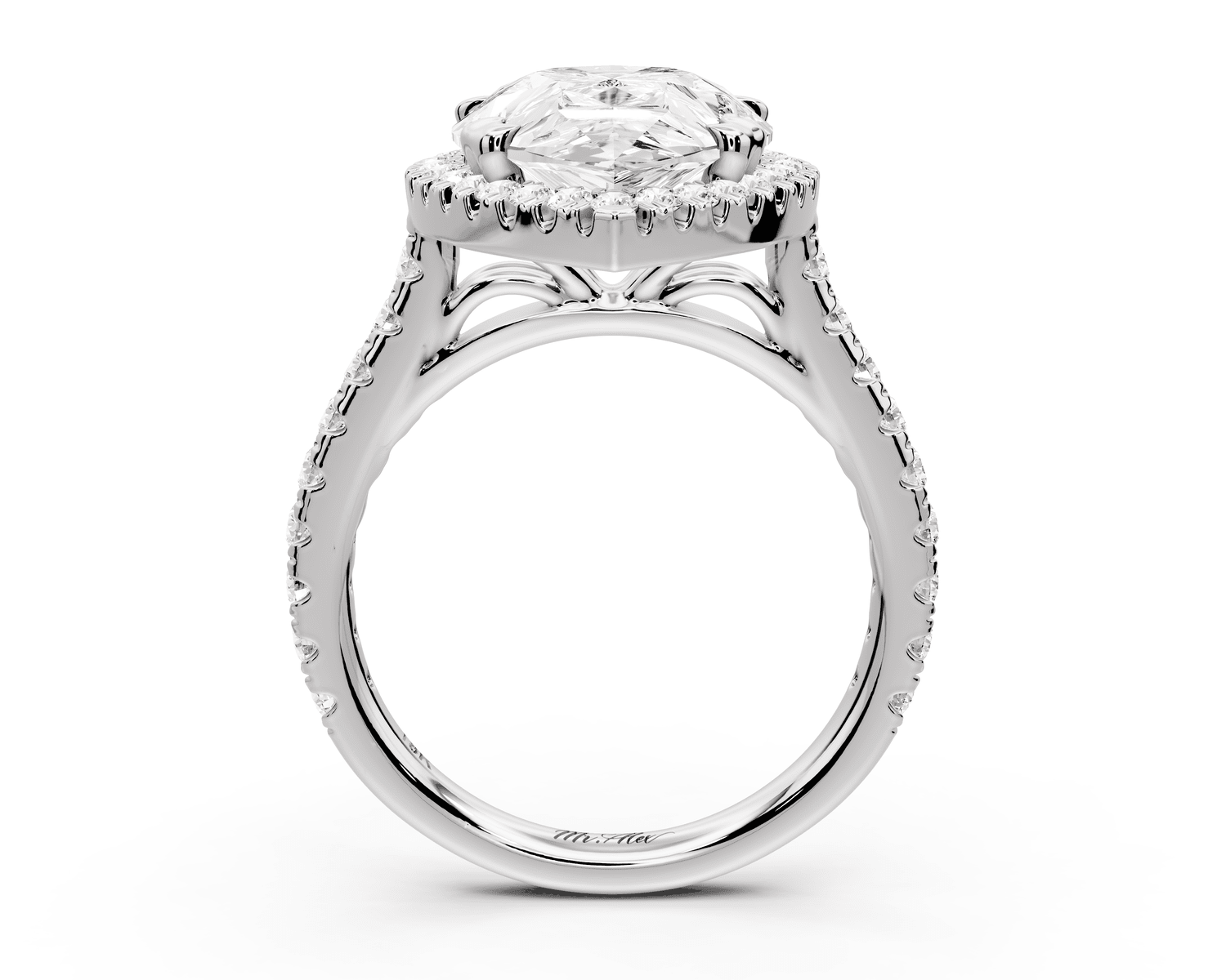 Marcella - 5ct 18k white gold pear halo double talon prong cathedral pavé engagament ring - Mr. Alex Jewelry