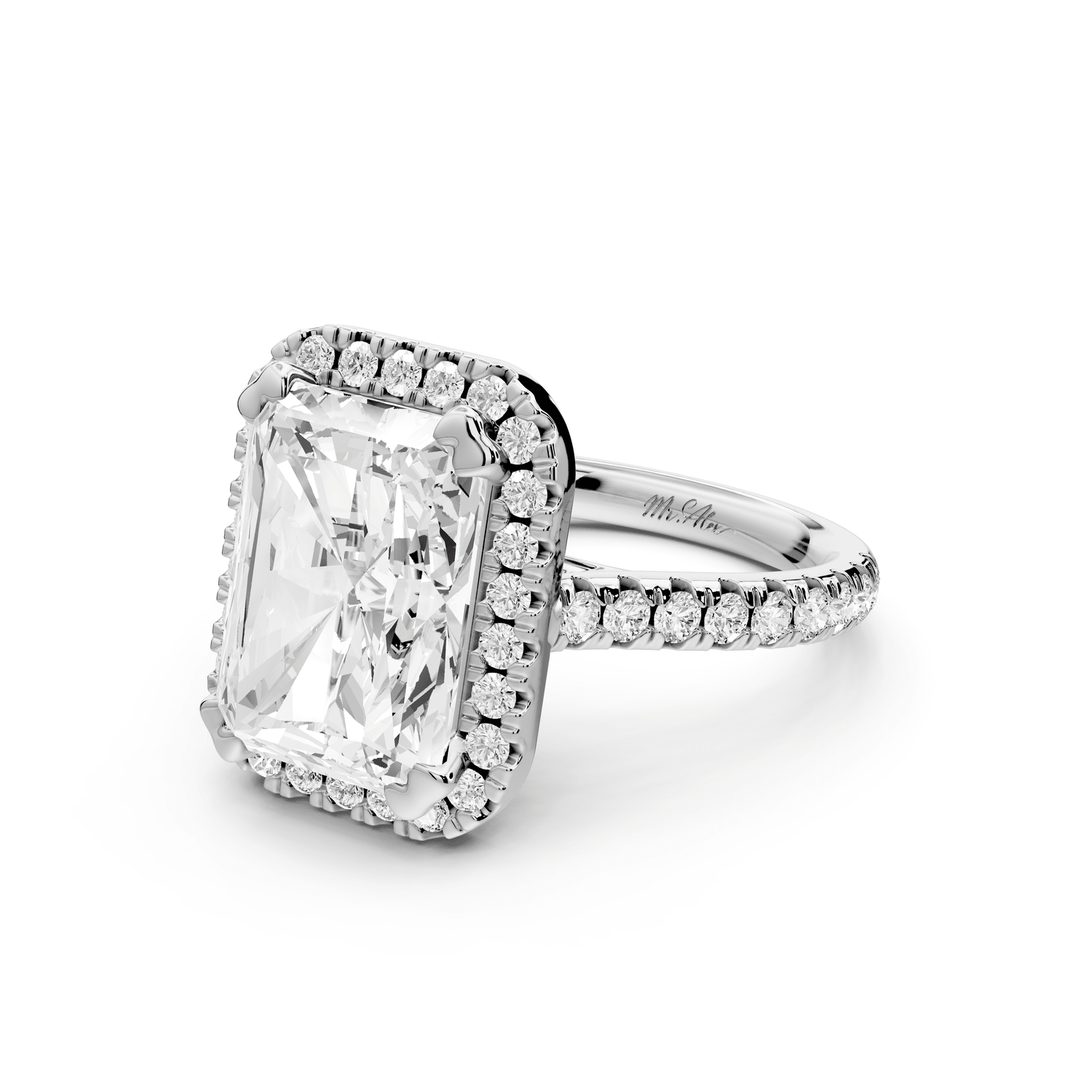 Marcella - 5ct 18k white gold radiant halo double talon prong cathedral pavé engagement ring - Mr. Alex Jewelry