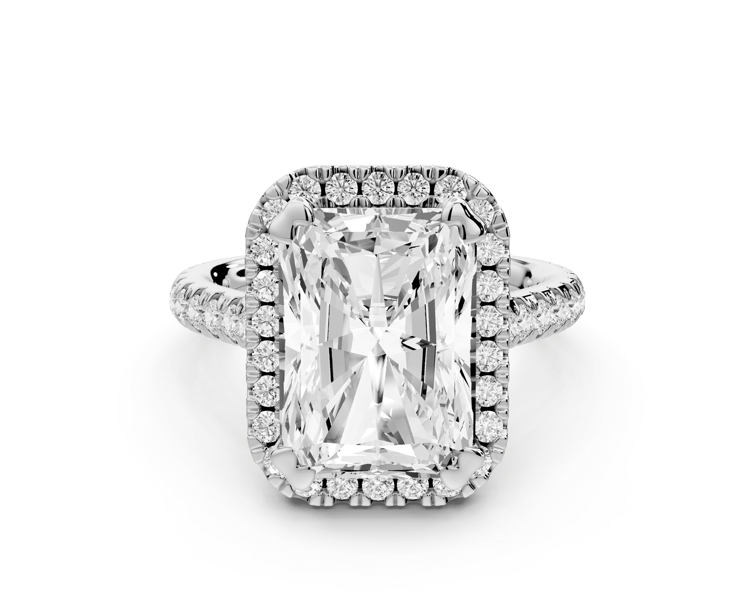 Marcella - 5ct 18k white gold radiant halo double talon prong cathedral pavé engagement ring - Mr. Alex Jewelry
