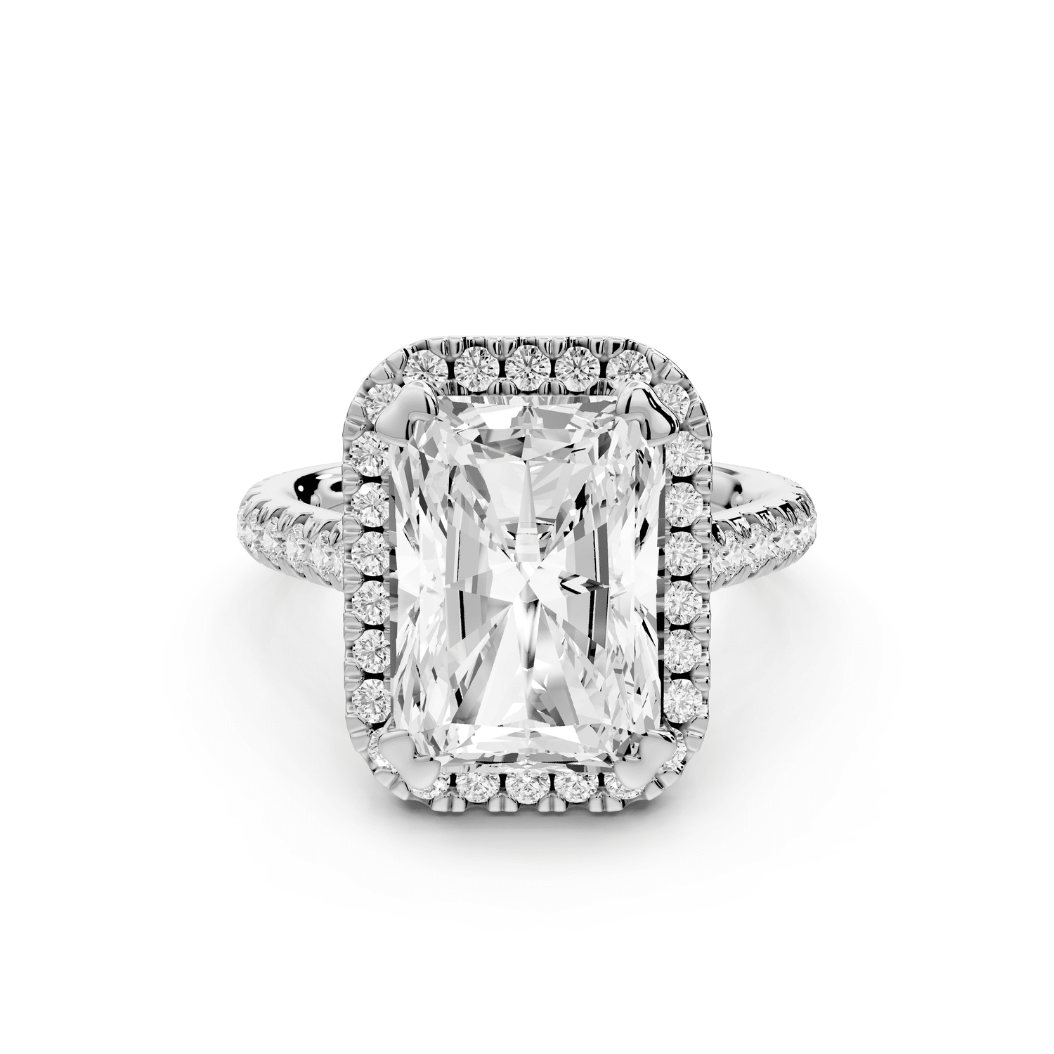 Marcella - 5ct 18k white gold radiant halo double talon prong cathedral pavé engagement ring - Mr. Alex Jewelry