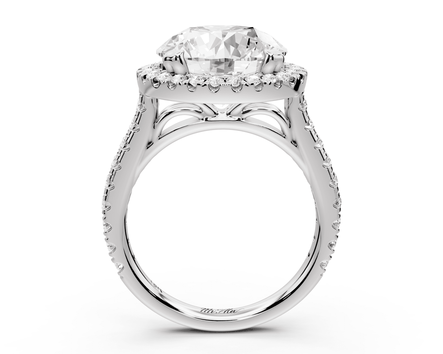 Marcella - 5ct 18k white gold round halo double talon prong cathedral pavé engagement ring - Mr. Alex Jewelry
