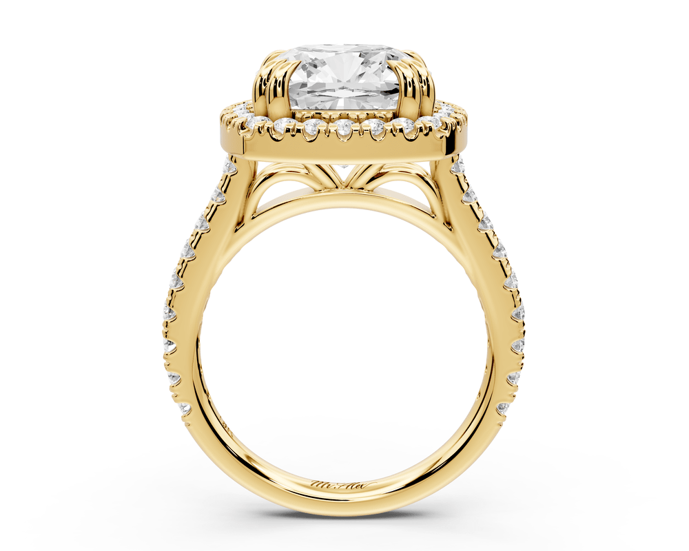 Marcella - 5ct 18k yellow gold cushion halo double talon prong cathedral pavé engagement ring - Mr. Alex Jewelry