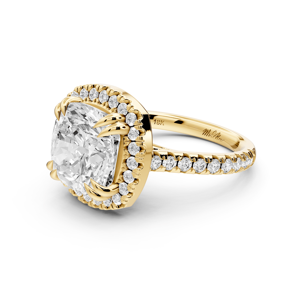 Marcella - 5ct 18k yellow gold cushion halo double talon prong cathedral pavé engagement ring - Mr. Alex Jewelry