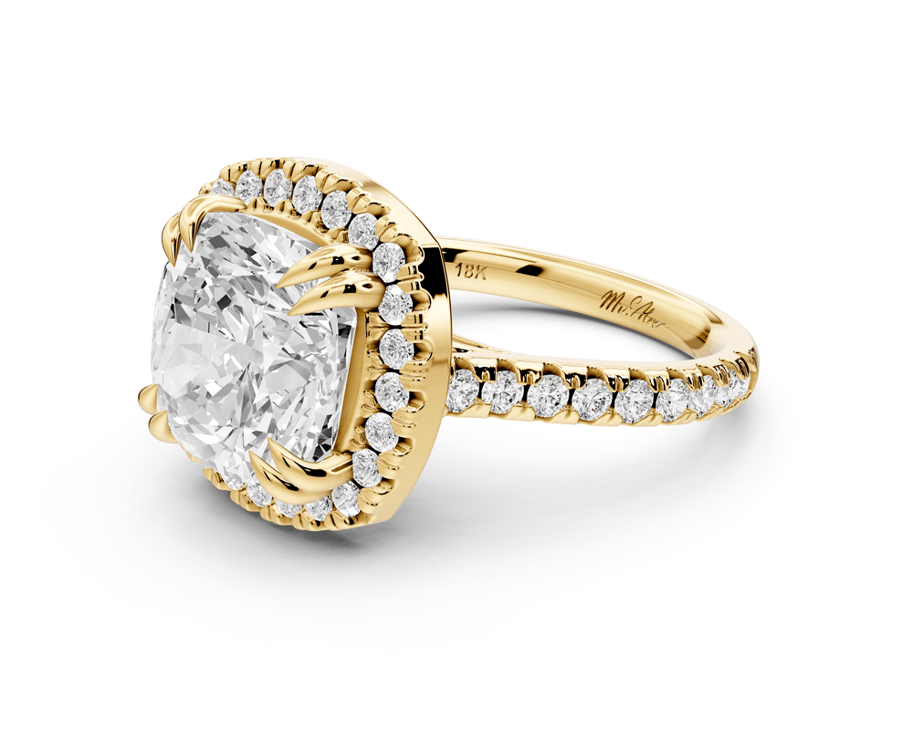 Marcella - 5ct 18k yellow gold cushion halo double talon prong cathedral pavé engagement ring - Mr. Alex Jewelry