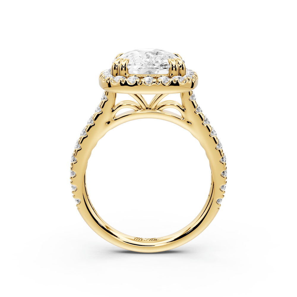 Marcella - 5ct 18k yellow gold ecushion halo double talon prong cathedral pavé engagement ring - Mr. Alex Jewelry