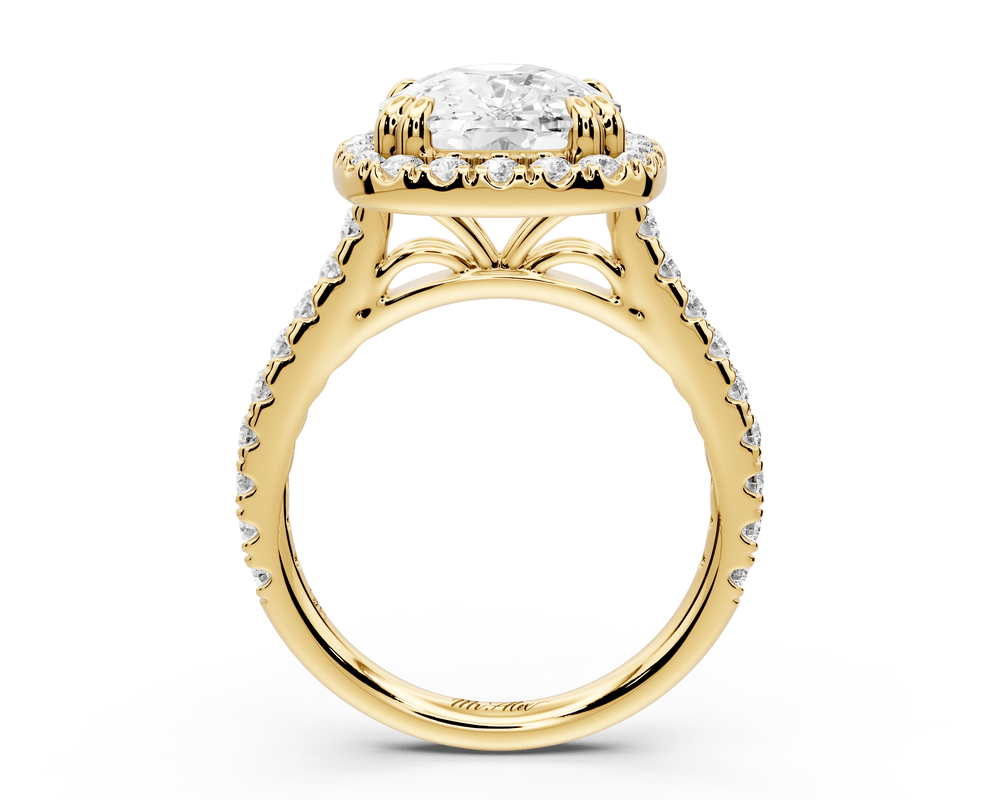 Marcella - 5ct 18k yellow gold ecushion halo double talon prong cathedral pavé engagement ring - Mr. Alex Jewelry
