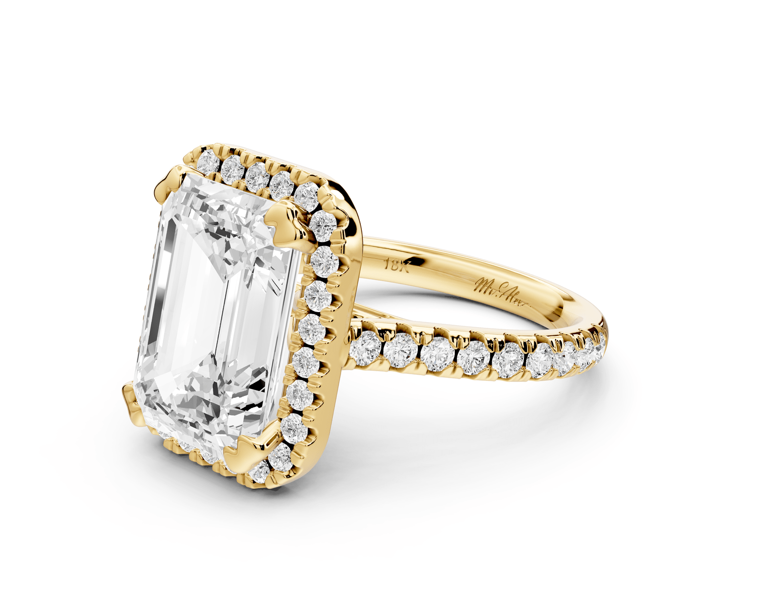 Marcella - 5ct 18k yellow gold emerald halo double talon prong cathedral pavé engagament ring - Mr. Alex Jewelry
