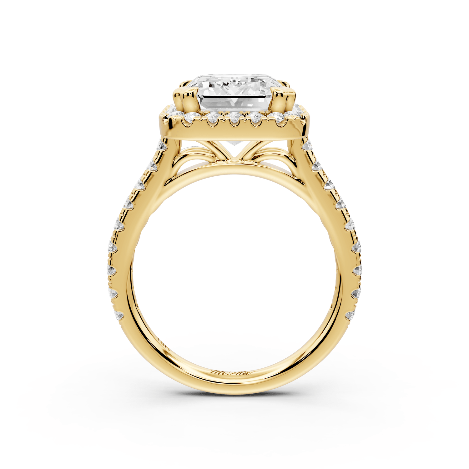 Marcella - 5ct 18k yellow gold emerald halo double talon prong cathedral pavé engagament ring - Mr. Alex Jewelry