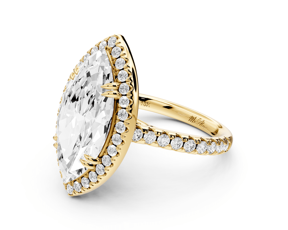 Marcella - 5ct 18k yellow gold marquise halo double talon prong cathedral pavé engagement ring - Mr. Alex Jewelry