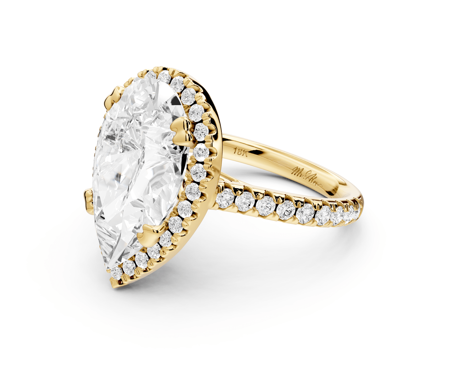Marcella - 5ct 18k yellow gold pear halo double talon prong cathedral pavé engagament ring - Mr. Alex Jewelry
