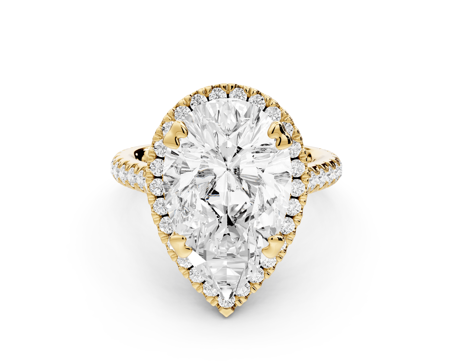 Marcella - 5ct 18k yellow gold pear halo double talon prong cathedral pavé engagament ring - Mr. Alex Jewelry
