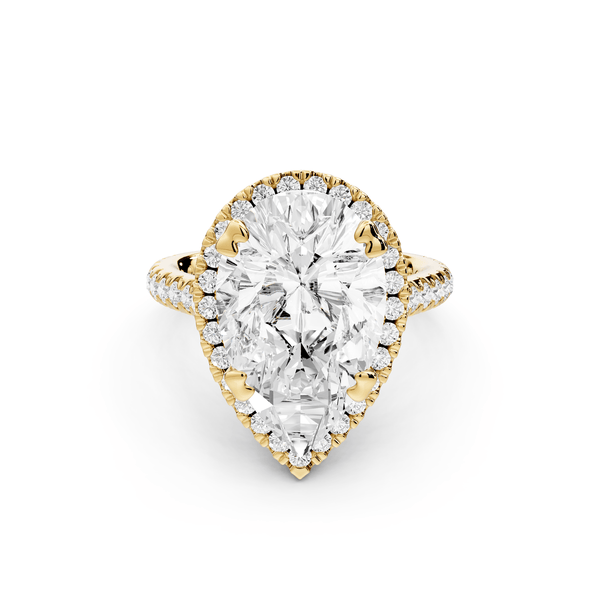 Marcella - 5ct 18k yellow gold pear halo double talon prong cathedral pavé engagament ring - Mr. Alex Jewelry