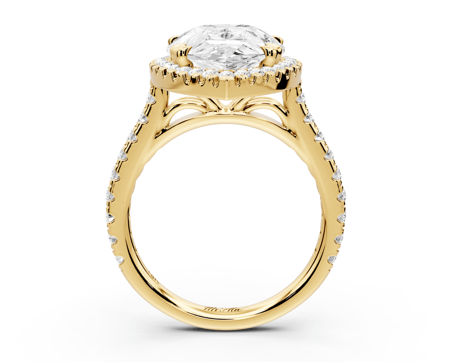 Marcella - 5ct 18k yellow gold pear halo double talon prong cathedral pavé engagament ring - Mr. Alex Jewelry