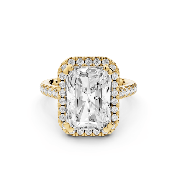 Marcella - 5ct 18k yellow gold radiant halo double talon prong cathedral pavé engagement ring - Mr. Alex Jewelry